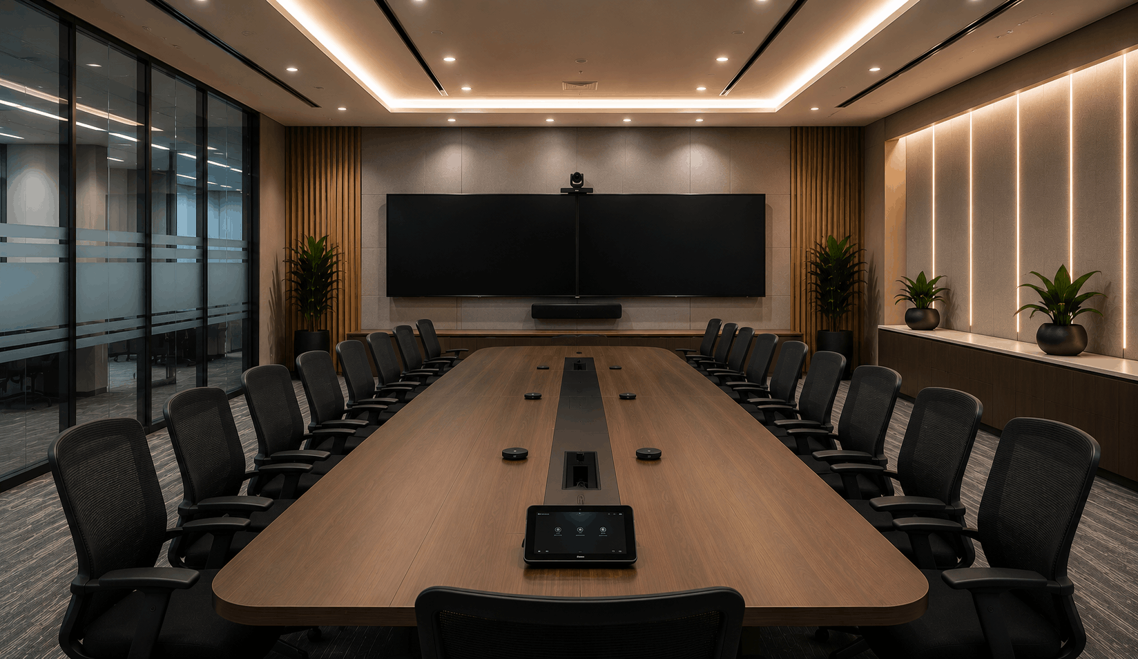 Large boardroom with dual displays